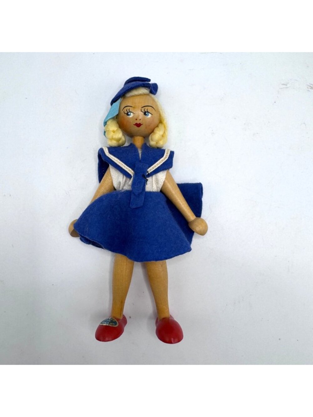 Vintage Wooden Doll Poland Blue Felt Sailor Outfit Blonde Braids 8" 1960's